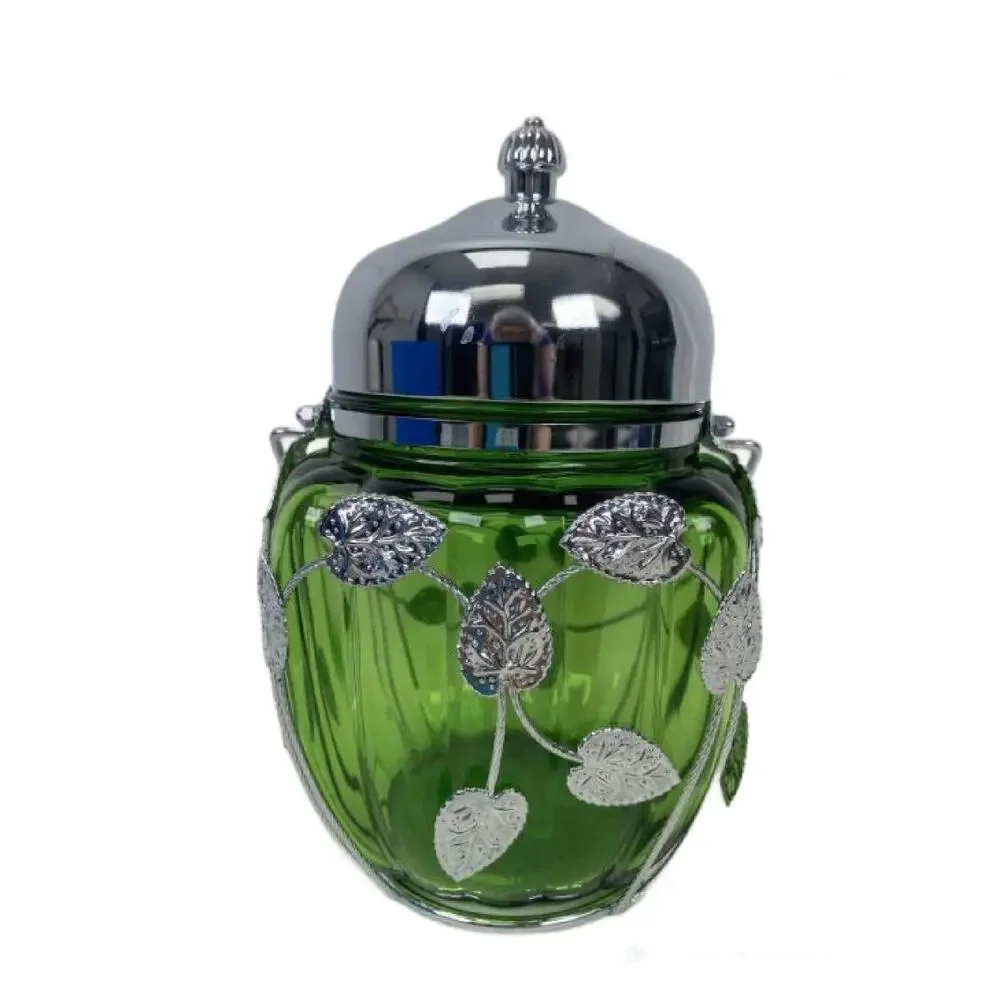 Vintage Green Ribbed Melon Glass, Musical BISCUIT JAR, Ice Bucket 1980s